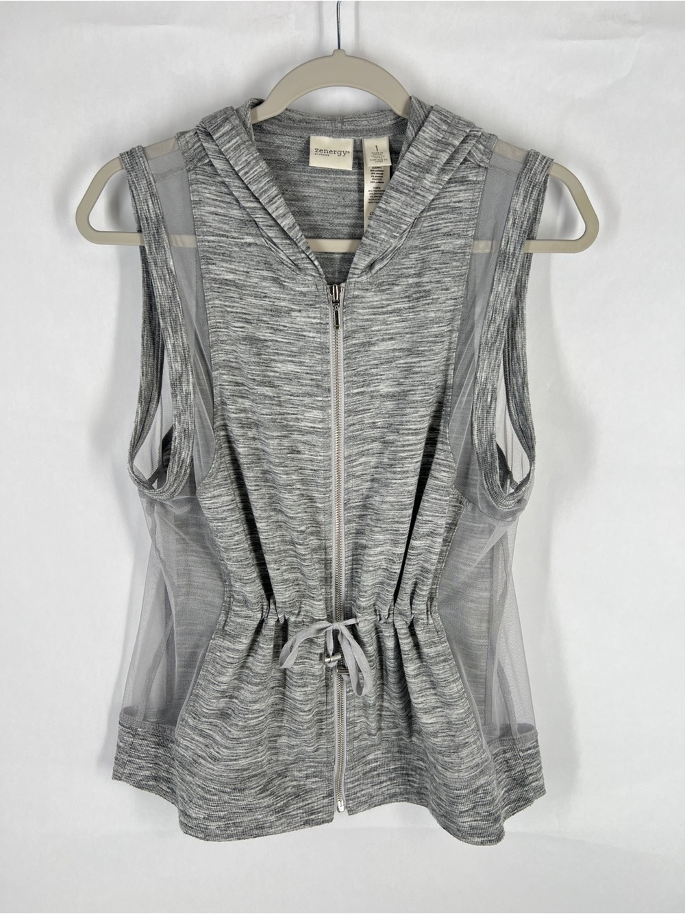 Zenergy by Chico’s Gray Hooded Zip‎ Front Mesh Panel Vest Size M